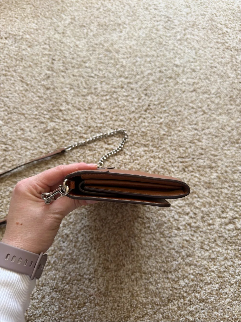 Coach Nomad Crossbody Clutch Wallet in Saddle Brown Leather Silver Chain